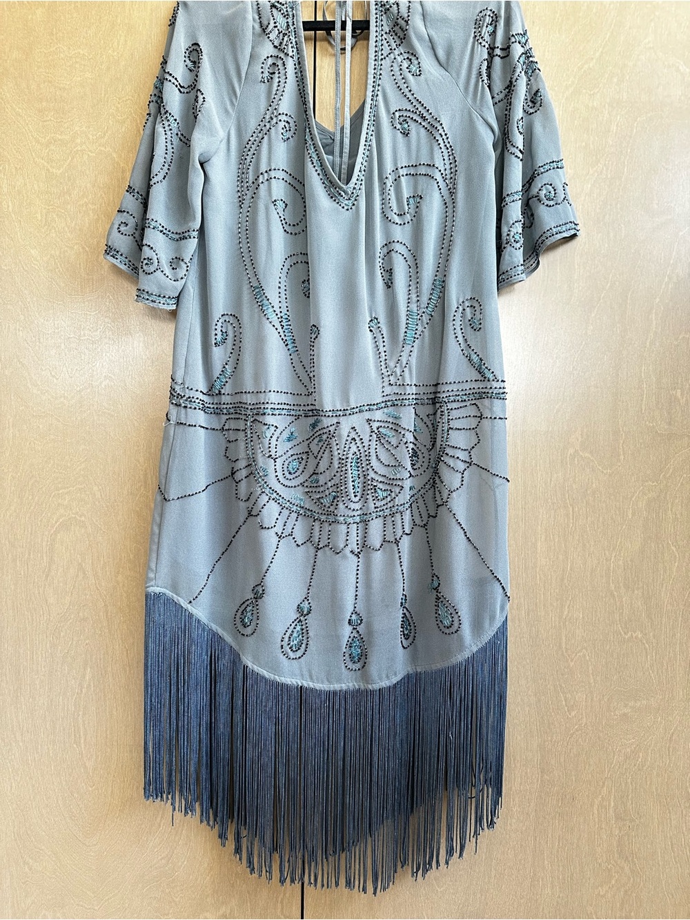 Free People Gray Blue Beaded Vintage Fringe Dress Small - Picture 6 of 14